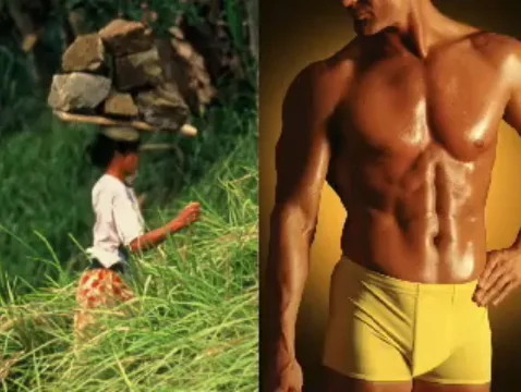 egeszseg-fitness 1. egy nő sziklákat visz a fejtetőjén, 2. izmos férfi felsőtest
