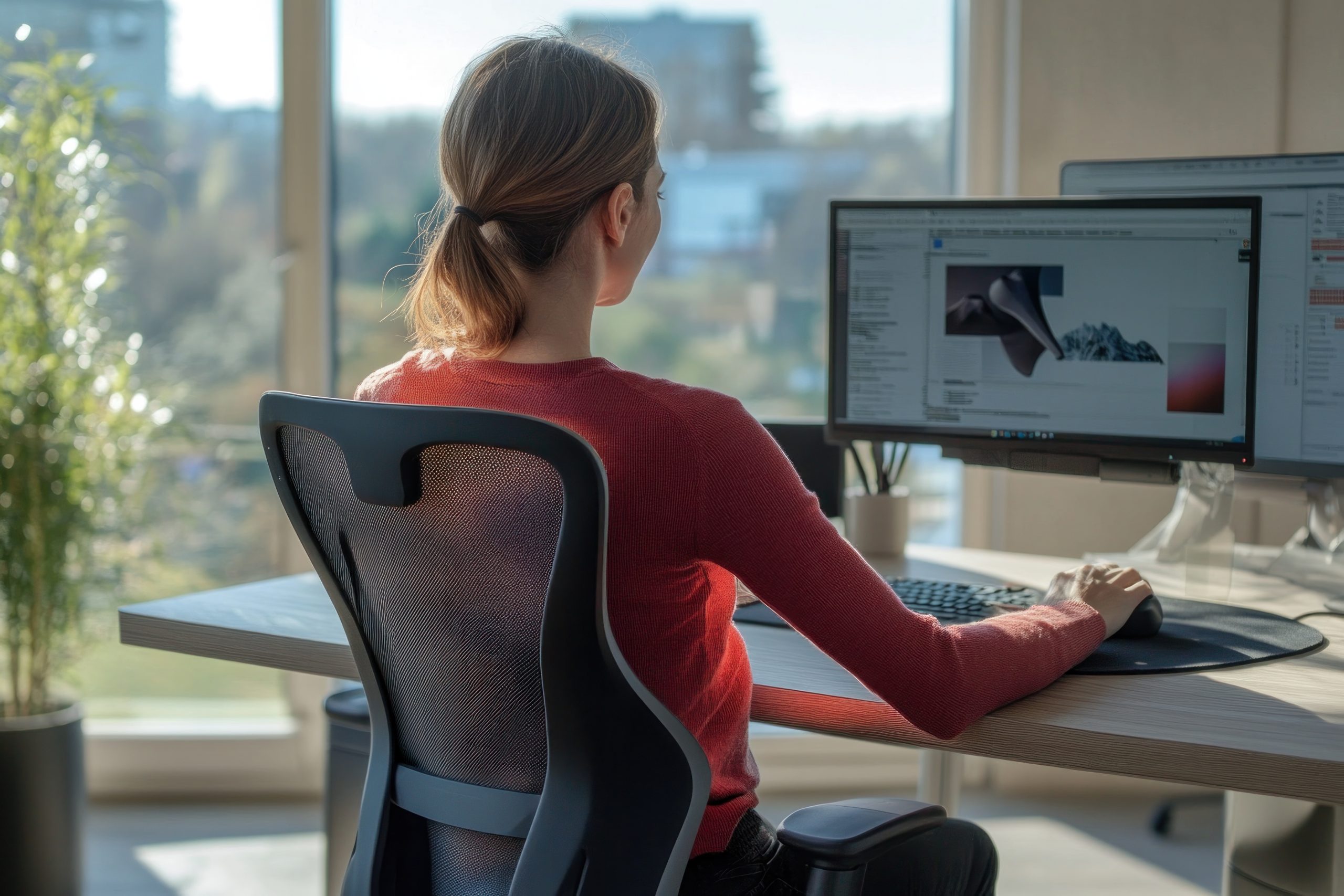 Nő kényelmes, természetes testtartással ül a számítógép előtt – Alexander-technika szemlélet